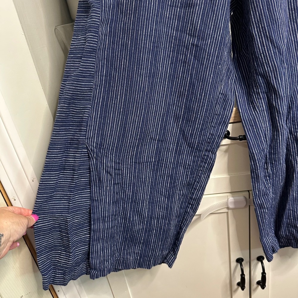 LIV by Habitat Clothes Pants Womens Large Blue Striped 100% Linen Wide Leg Crop - Picture 6 of 13